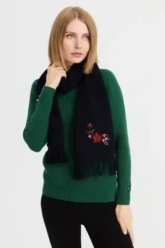 Women's Embroidered Wool Scarf K.Navy - 6