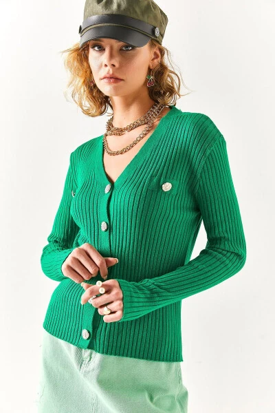 Women's Emerald Green Accessory Pocket Detailed Buttoned Cardigan HRK-19000235 - OLALOOK