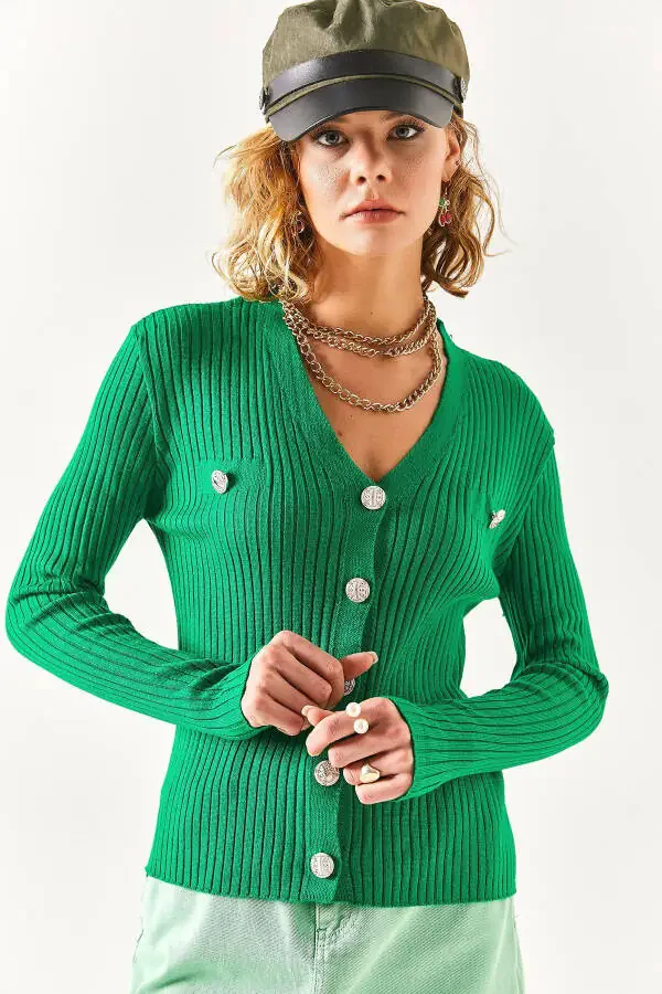 Women's Emerald Green Accessory Pocket Detailed Buttoned Cardigan HRK-19000235 - 2