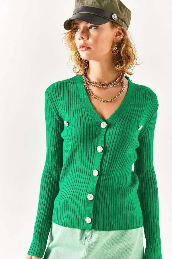 Women's Emerald Green Accessory Pocket Detailed Buttoned Cardigan HRK-19000235 - 3