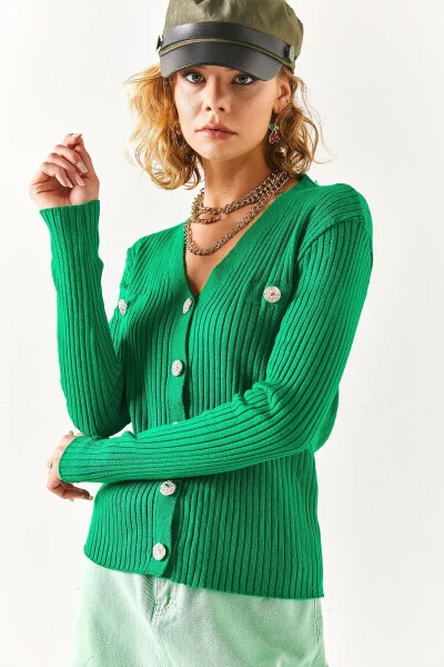 Women's Emerald Green Accessory Pocket Detailed Buttoned Cardigan HRK-19000235 - 4