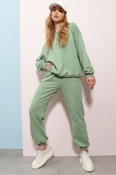 Women's Emerald Green Crew Neck Elastic Waist and Cuff Two-Thread Basic Tracksuit ALC-507-669-001 - 3