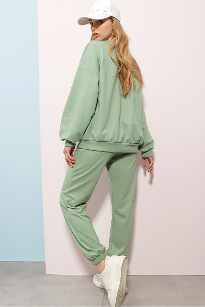 Women's Emerald Green Crew Neck Elastic Waist and Cuff Two-Thread Basic Tracksuit ALC-507-669-001 - 6