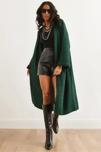 Women's Emerald Green Cuff Folded Maxi Knitted Cardigan HRK-19000297-Emerald Green - 1