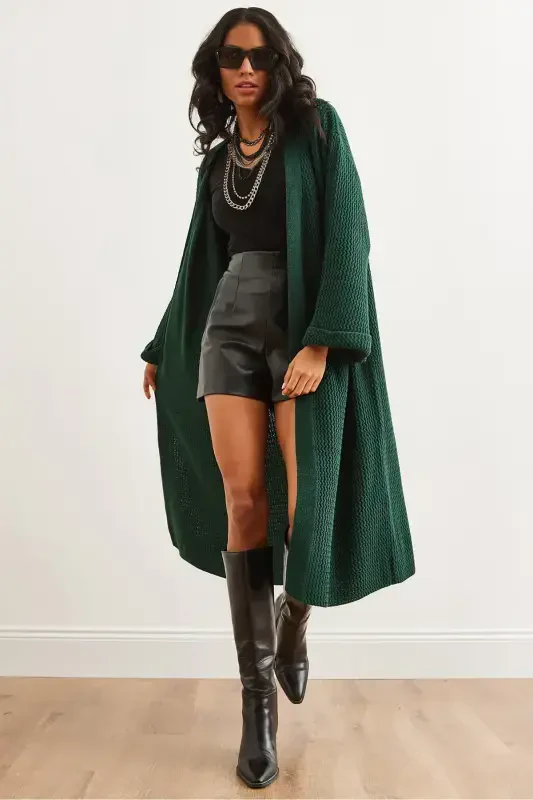 Women's Emerald Green Cuff Folded Maxi Knitted Cardigan HRK-19000297-Emerald Green - 1