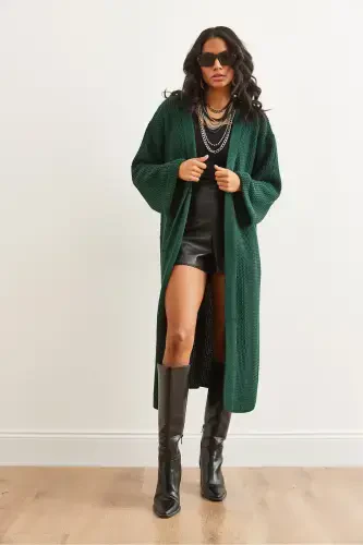 Women's Emerald Green Cuff Folded Maxi Knitted Cardigan HRK-19000297-Emerald Green - OLALOOK (1)