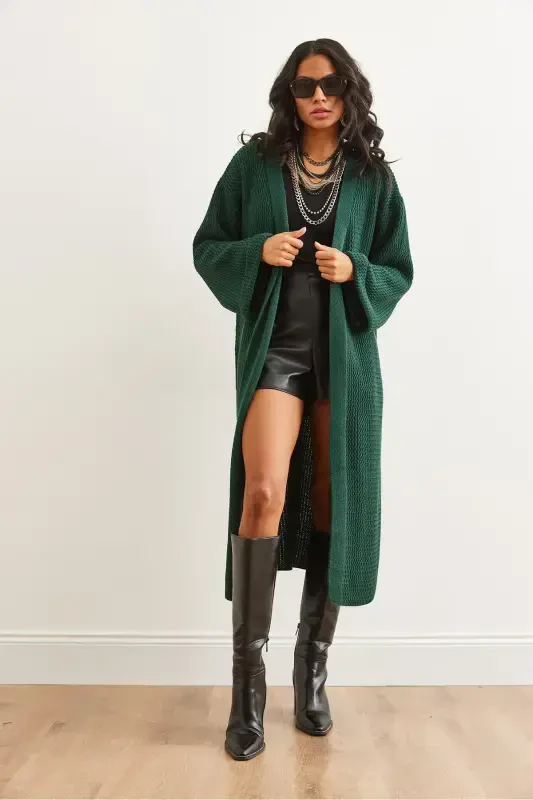 Women's Emerald Green Cuff Folded Maxi Knitted Cardigan HRK-19000297-Emerald Green - 2