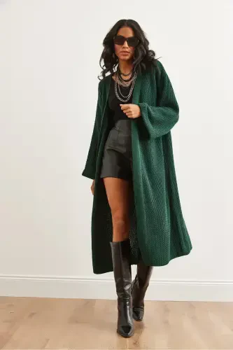 Women's Emerald Green Cuff Folded Maxi Knitted Cardigan HRK-19000297-Emerald Green - 3