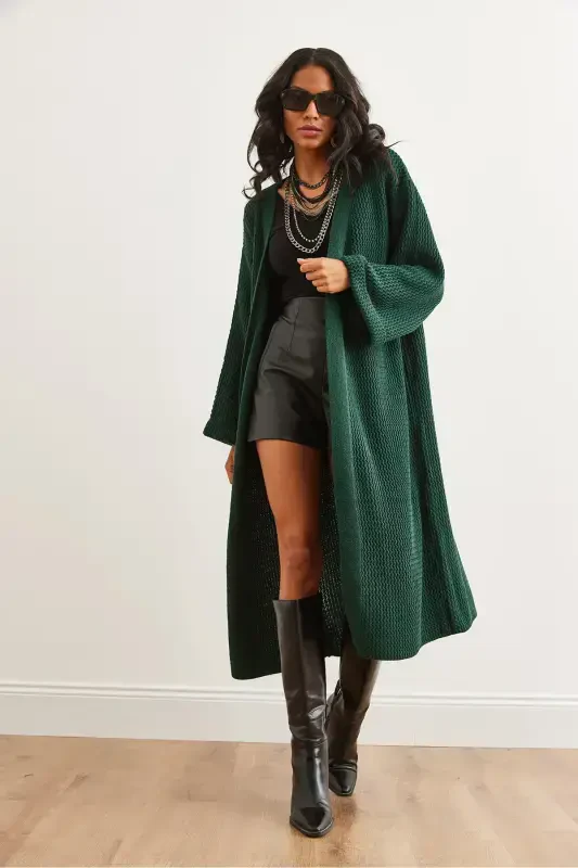 Women's Emerald Green Cuff Folded Maxi Knitted Cardigan HRK-19000297-Emerald Green - 3