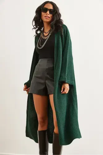 Women's Emerald Green Cuff Folded Maxi Knitted Cardigan HRK-19000297-Emerald Green - 4
