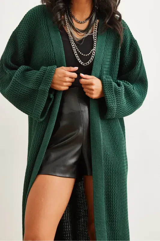 Women's Emerald Green Cuff Folded Maxi Knitted Cardigan HRK-19000297-Emerald Green - 5