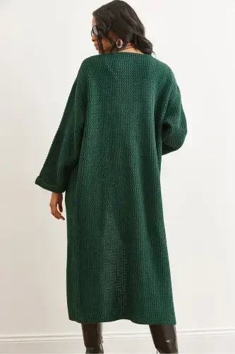 Women's Emerald Green Cuff Folded Maxi Knitted Cardigan HRK-19000297-Emerald Green - 6