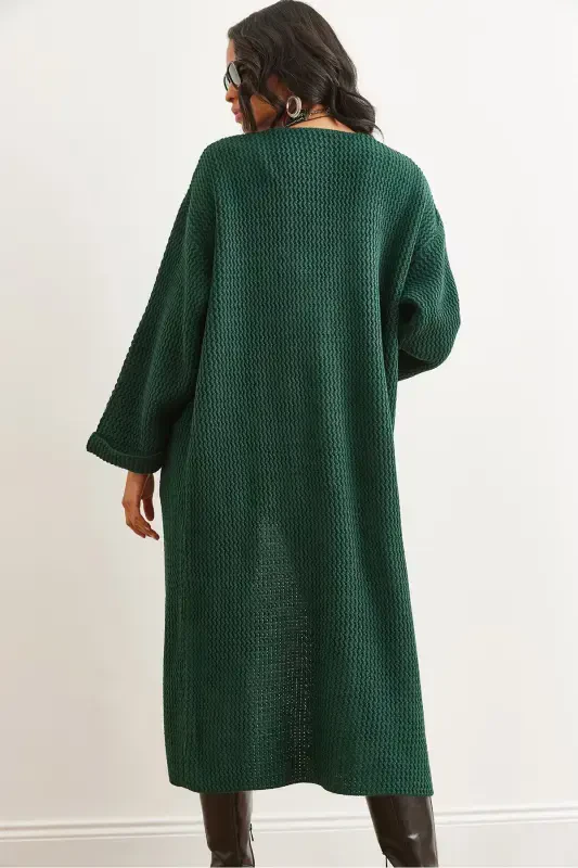 Women's Emerald Green Cuff Folded Maxi Knitted Cardigan HRK-19000297-Emerald Green - 6