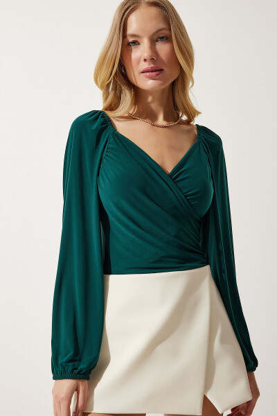 Women's Emerald Green Elastic Balloon Sleeve Sandy Knit Blouse FF00154 - HAPPINESS İSTANBUL (1)