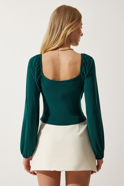 Women's Emerald Green Elastic Balloon Sleeve Sandy Knit Blouse FF00154 - 5