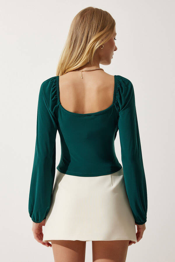 Women's Emerald Green Elastic Balloon Sleeve Sandy Knit Blouse FF00154 - 5