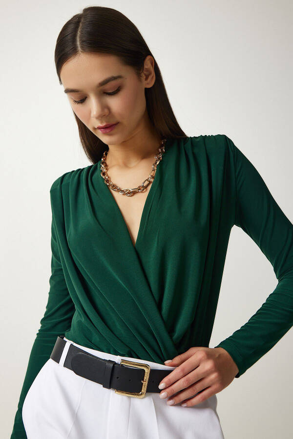 Women's Emerald Green Envelope Neck Snap Button Knit Blouse FF00147 - 1