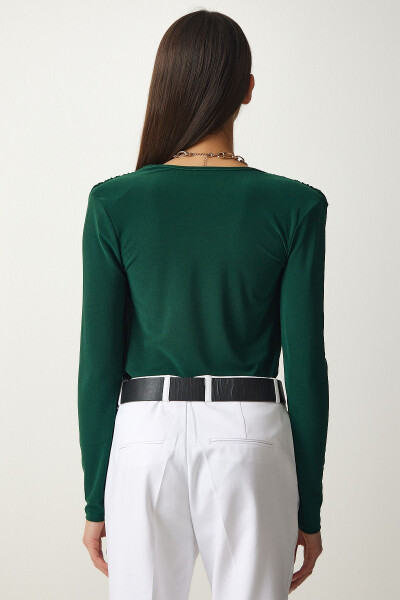 Women's Emerald Green Envelope Neck Snap Button Knit Blouse FF00147 - 4