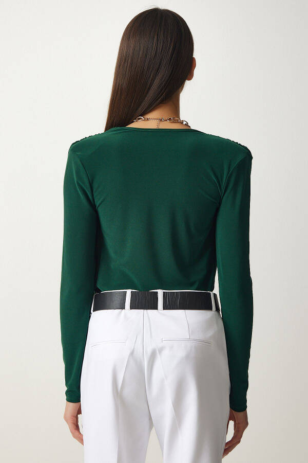Women's Emerald Green Envelope Neck Snap Button Knit Blouse FF00147 - 4