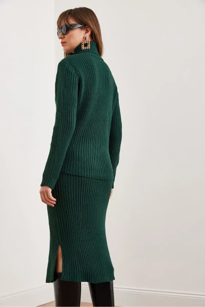 Women's Emerald Green Geometric Textured Skirt and Knitwear Set TKM-19000325 - 7