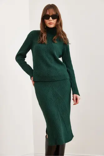 Women's Emerald Green Geometric Textured Skirt and Knitwear Set TKM-19000325 - 5