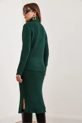 Women's Emerald Green Geometric Textured Skirt and Knitwear Set TKM-19000325 - 8