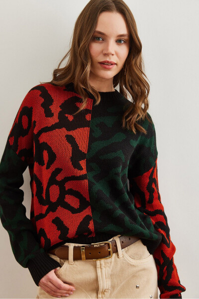 Women's Emerald Green Leopard Block Knitted Sweater KZK-19000832 - 3