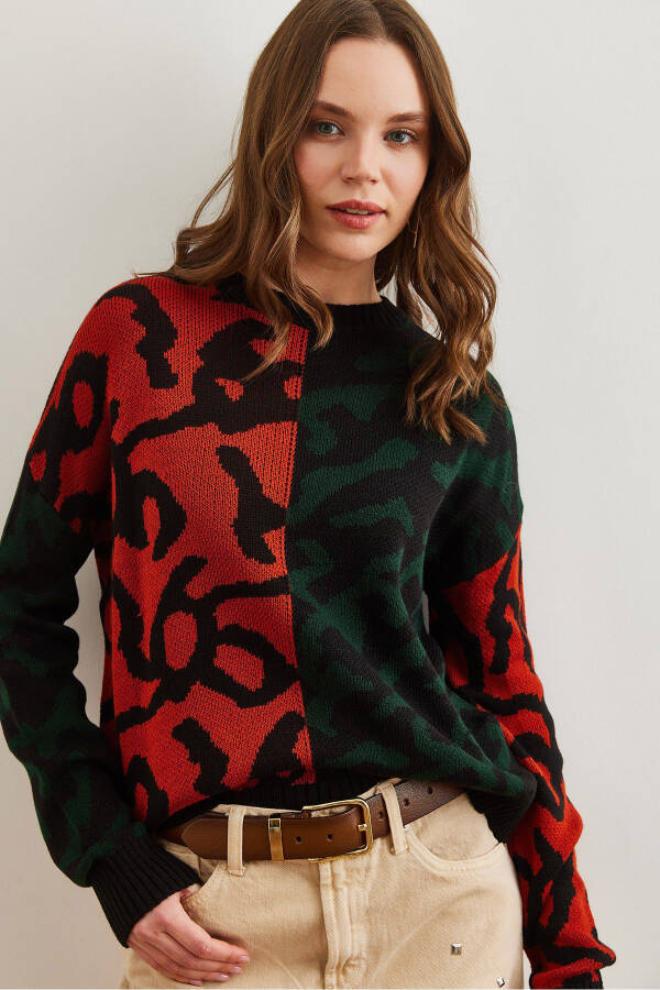 Women's Emerald Green Leopard Block Knitted Sweater KZK-19000832 - 3