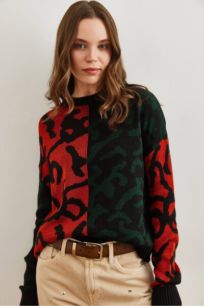 Women's Emerald Green Leopard Block Knitted Sweater KZK-19000832 - 4