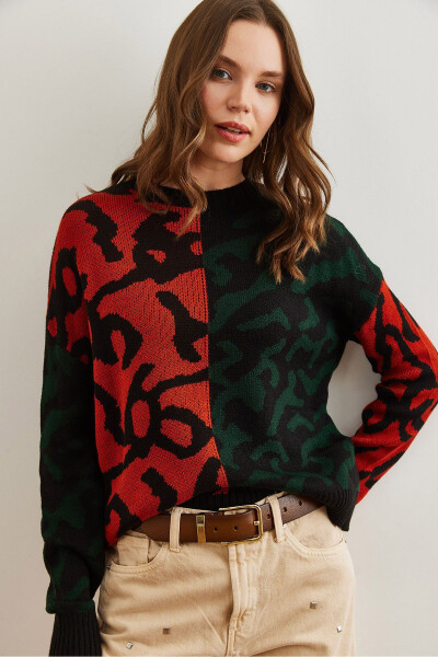 Women's Emerald Green Leopard Block Knitted Sweater KZK-19000832 - 5