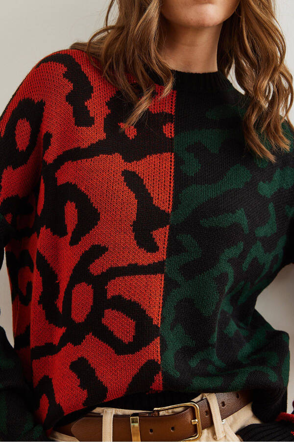 Women's Emerald Green Leopard Block Knitted Sweater KZK-19000832 - 6