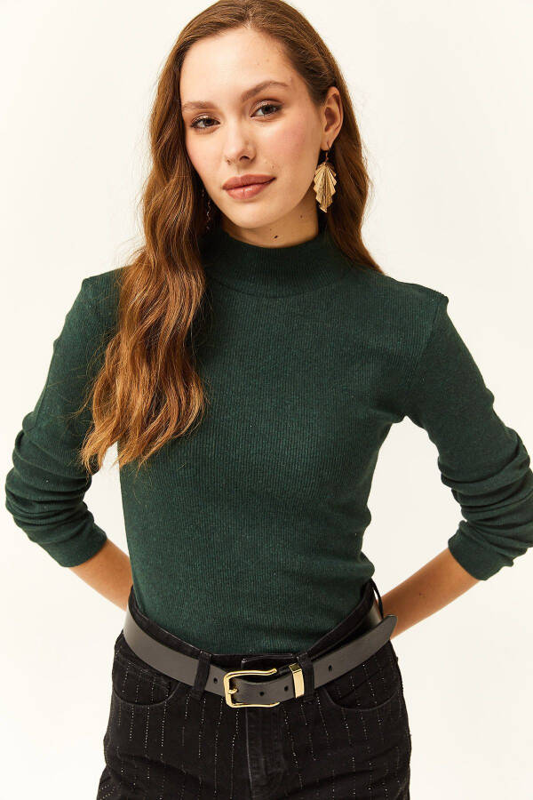 Women's Emerald Green Mock Neck Bodysuit with Ribbons - 4