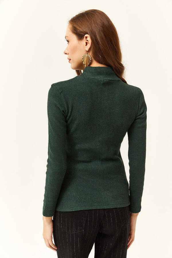 Women's Emerald Green Mock Neck Bodysuit with Ribbons - 5