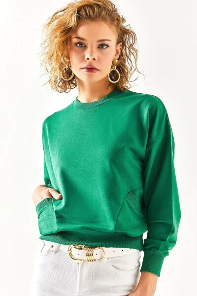 Women's Emerald Green Pocket Detailed Soft Textured Sweatshirt SWT-19000616 - 1