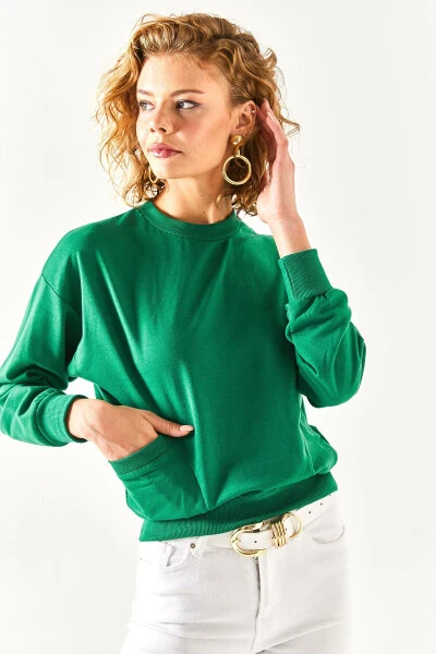 Women's Emerald Green Pocket Detailed Soft Textured Sweatshirt SWT-19000616 - 4