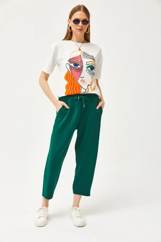 Women's Emerald Green Pocketed Stitched Detailed Soft Touch Modal Sweatpants EŞF-00000069-Emerald Green - 3