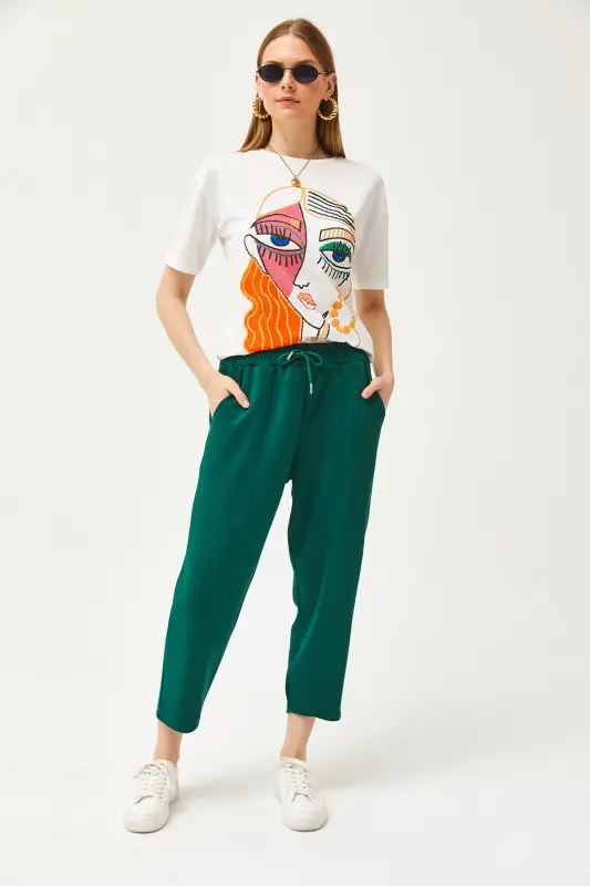 Women's Emerald Green Pocketed Stitched Detailed Soft Touch Modal Sweatpants EŞF-00000069-Emerald Green - 5