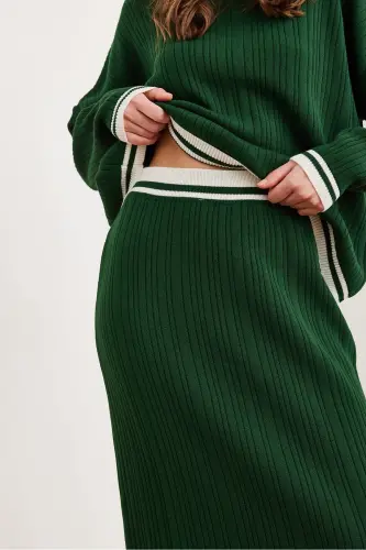 Women's Emerald Green Top Sweater Skirt with Slit Knitwear Suit TKM-19000327-Emerald Green - 14