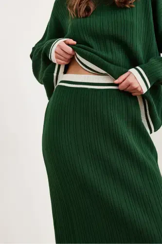 Women's Emerald Green Top Sweater Skirt with Slit Knitwear Suit TKM-19000327-Emerald Green - 6
