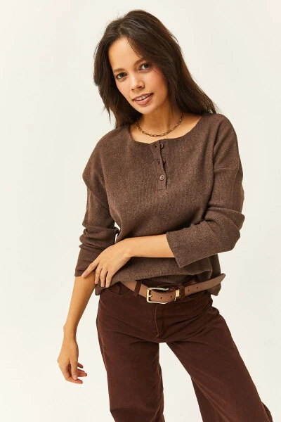 Women's Espresso Buttoned Thistle Loose Fit Pullover KZK-19000721 - 3