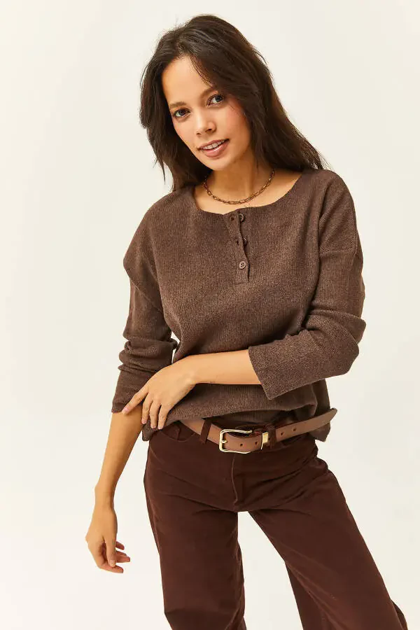 Women's Espresso Buttoned Thistle Loose Fit Pullover KZK-19000721 - 3