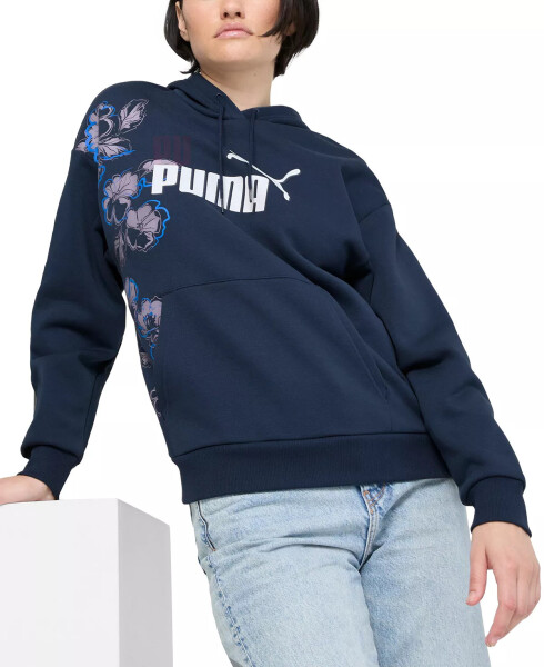 Women's Essential Floral Vibes Logo-Front Hoodie Blue - 1