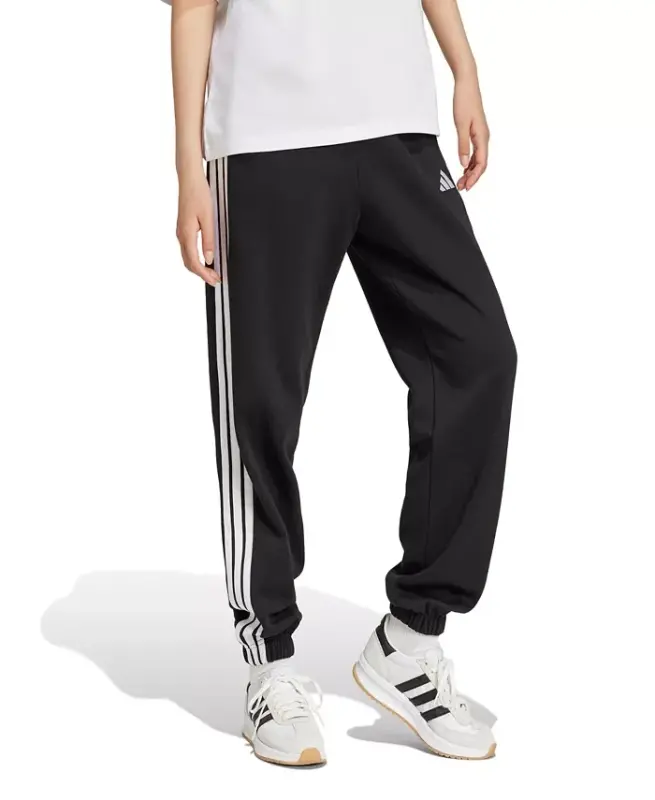 Women's Essentials 3-Stripes Pull On Fleece Loose Pants-Black/White - 2