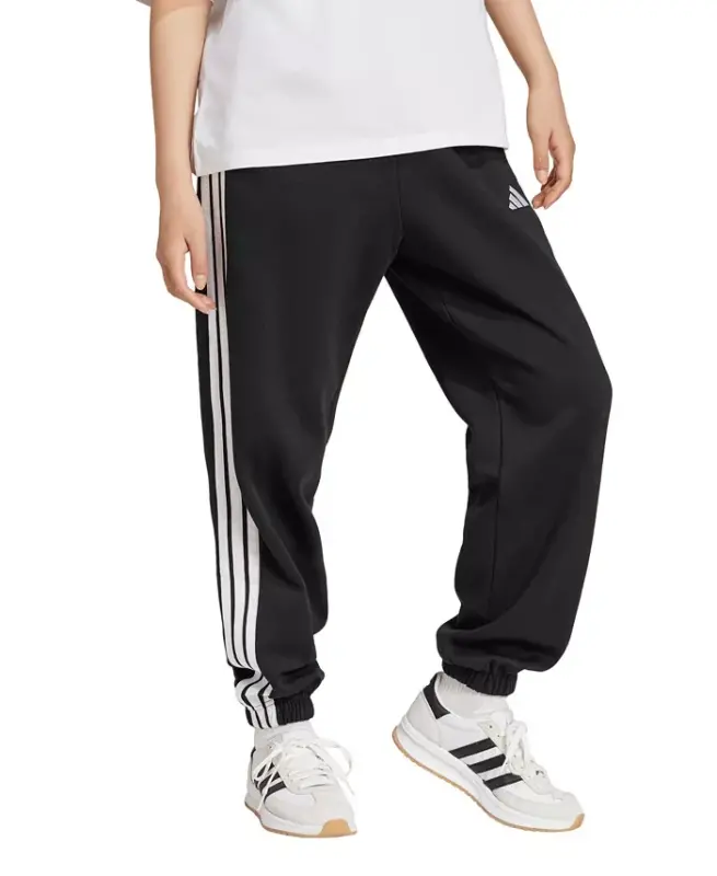 Women's Essentials 3-Stripes Pull On Fleece Loose Pants-Black/White - 8