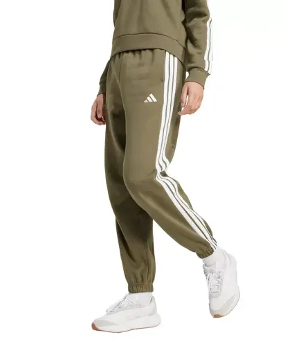 Women's Essentials 3-Stripes Pull-On Fleece Loose Pants - Olive Strata/White 