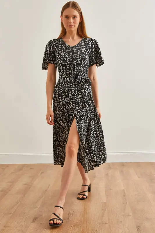 Women's Ethnic Black V Neck Belted Knit Dress ELB-19002048-Ethnic Black - OLALOOK