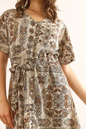 Women's Ethnic Brown V Neck Belted Woven Mini Shirt Dress ELB-19002380-Ethnic Brown - 1