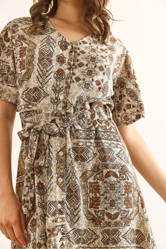 Women's Ethnic Brown V Neck Belted Woven Mini Shirt Dress ELB-19002380-Ethnic Brown - OLALOOK