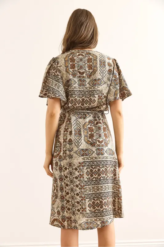 Women's Ethnic Brown V Neck Belted Woven Mini Shirt Dress ELB-19002380-Ethnic Brown - 2