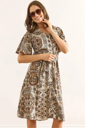 Women's Ethnic Brown V Neck Belted Woven Mini Shirt Dress ELB-19002380-Ethnic Brown - 3